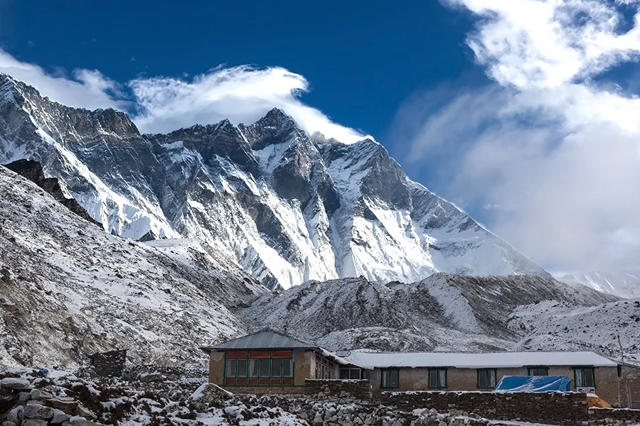 Mountain house in snow under Lhotse mountain 