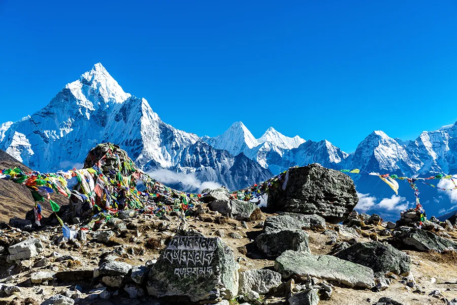 Snowy mountains of Himalayas on EBC