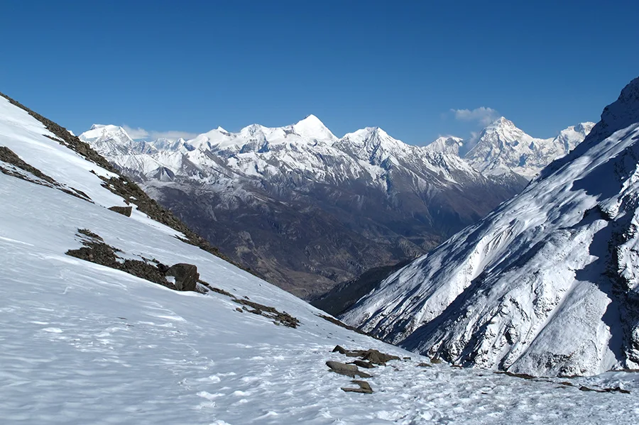 View of Pisang Peak along with other snow capped mountains